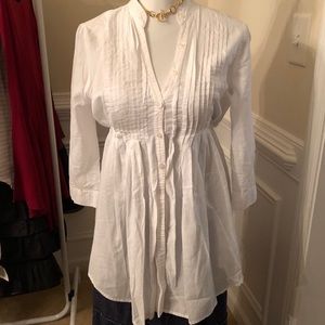 Classic Pin-tucked White Tunic Shirt. Back Tie.